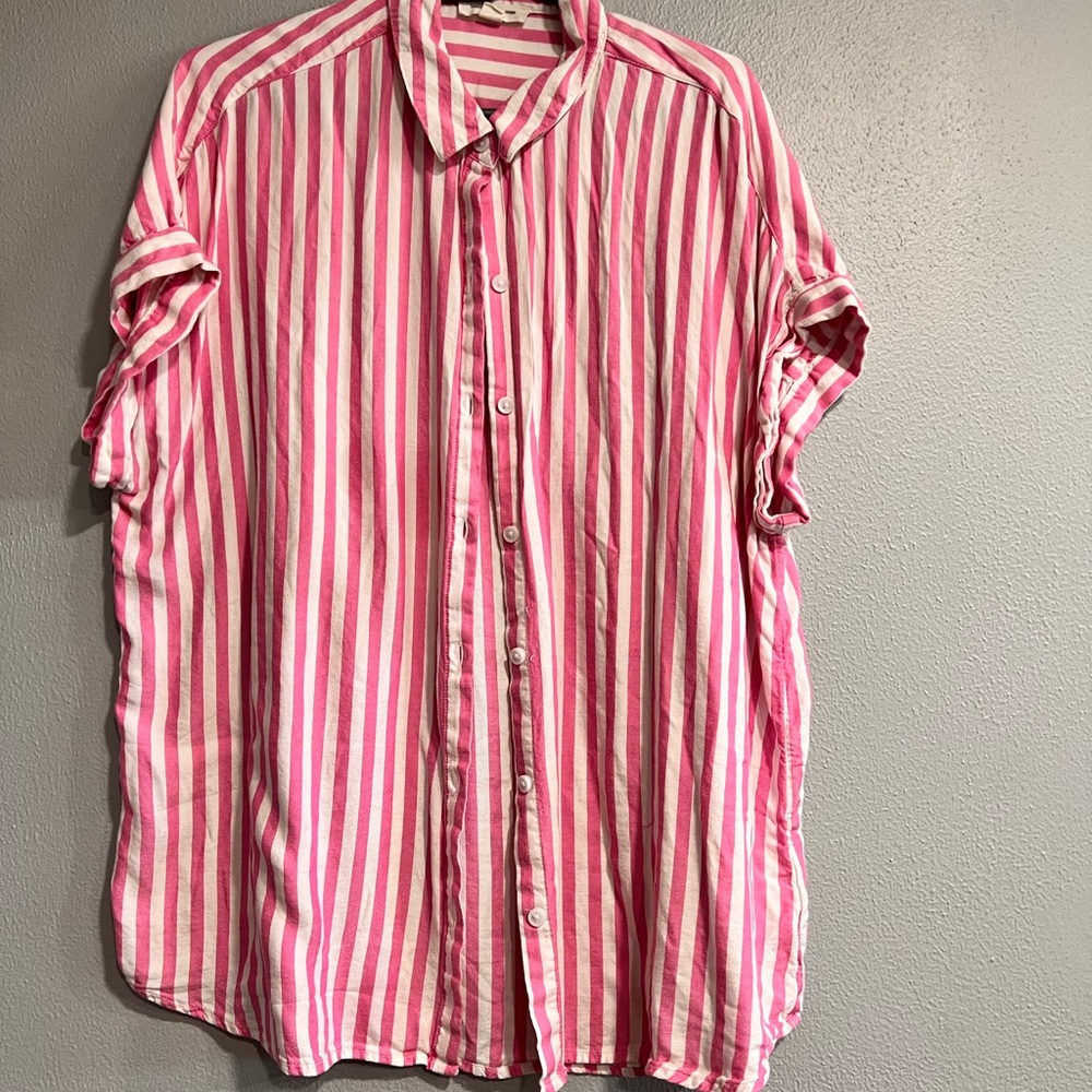 Pink and white striped button down blouse